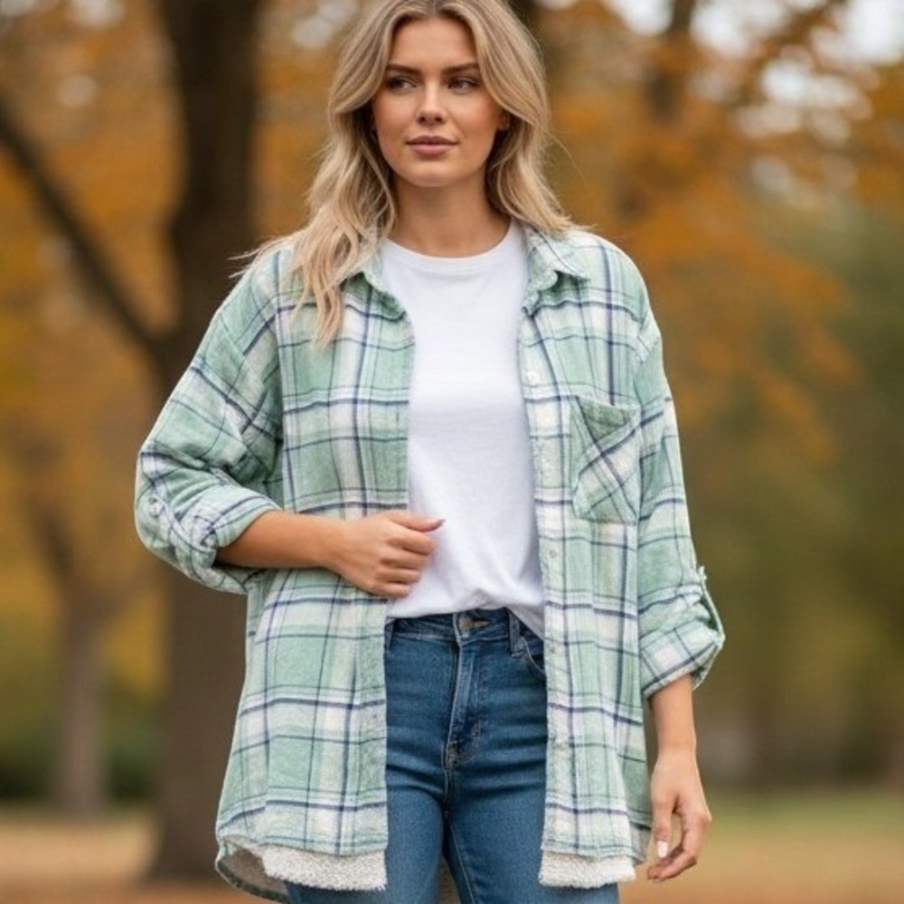 Derek Heart Sage Green Plaid Sherpa Lined Flannel Shirt w Silver Metallic XL